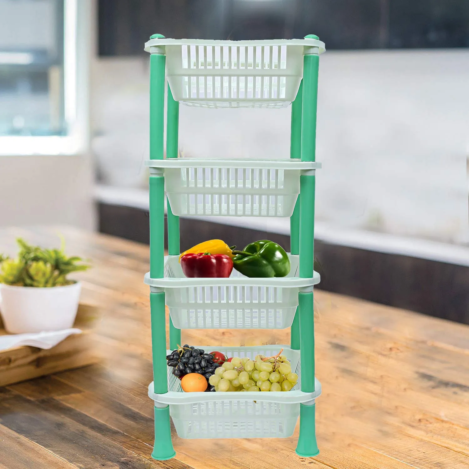 Kuber industries Plastic 4 Layer Multi-Purpose Kitchen Storage Basket Rack (Green)-CTKTC13263