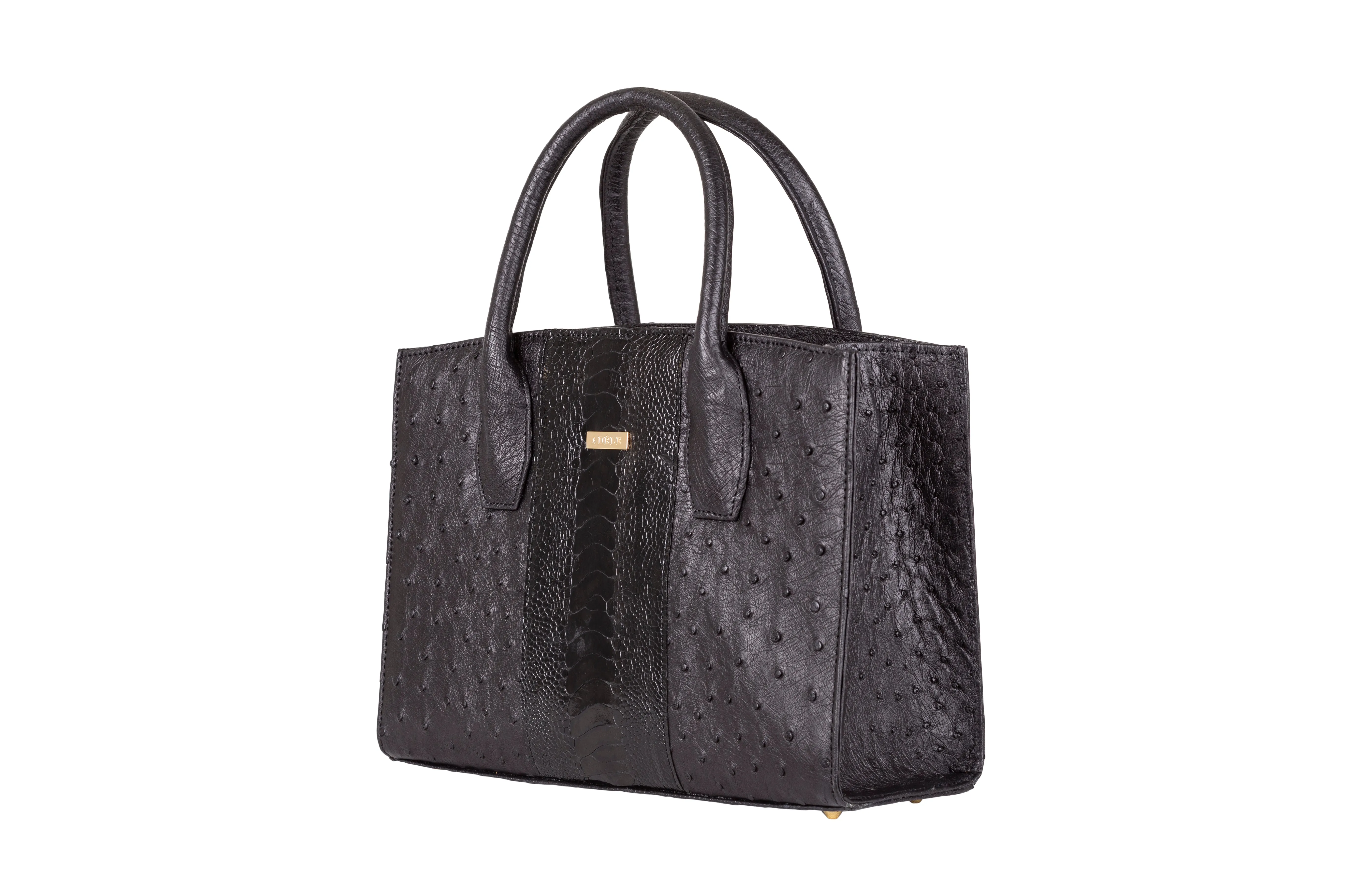 Lauren - Small top handle black ostrich and ostrich shin leather tote bag