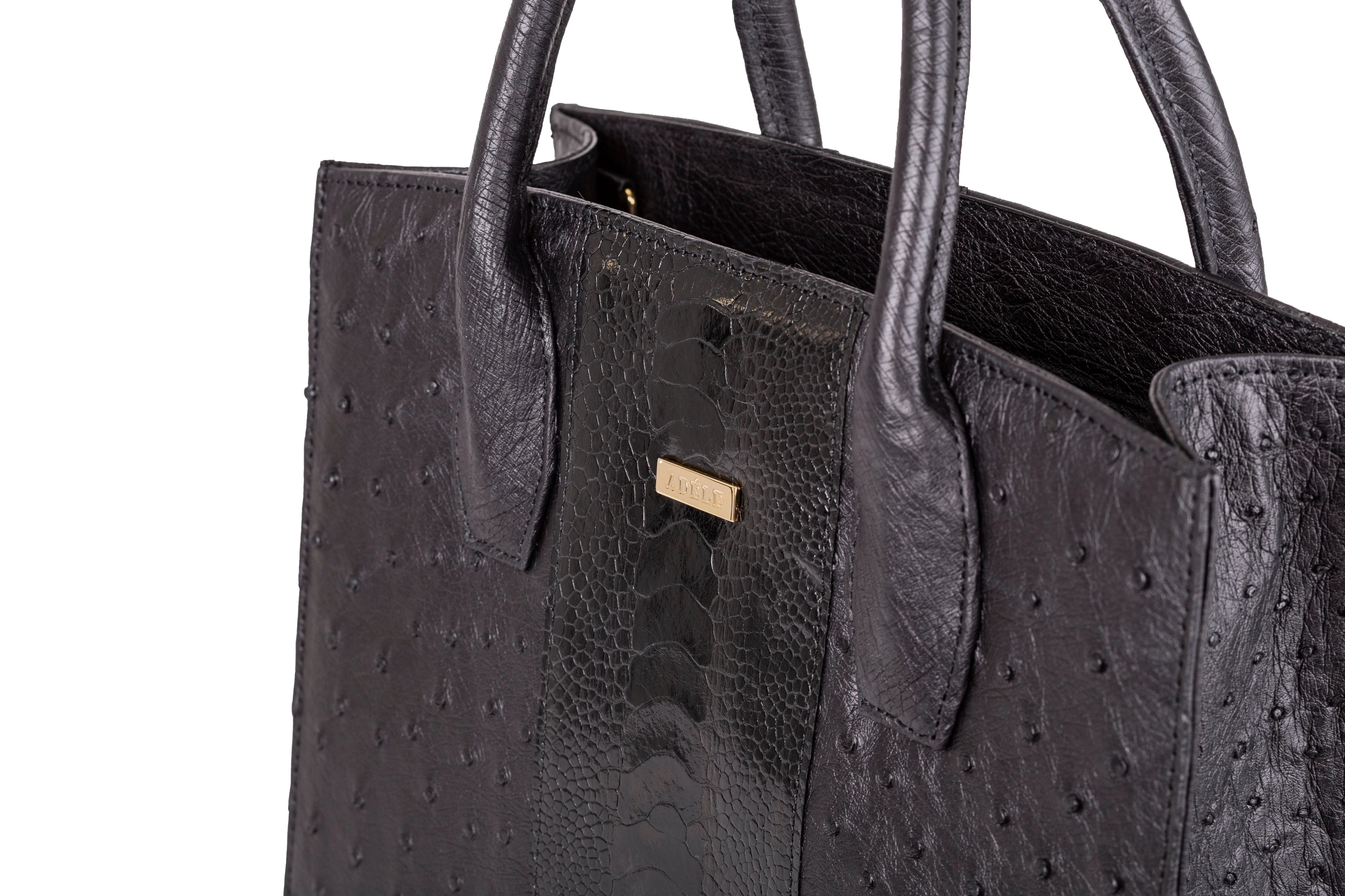 Lauren - Small top handle black ostrich and ostrich shin leather tote bag
