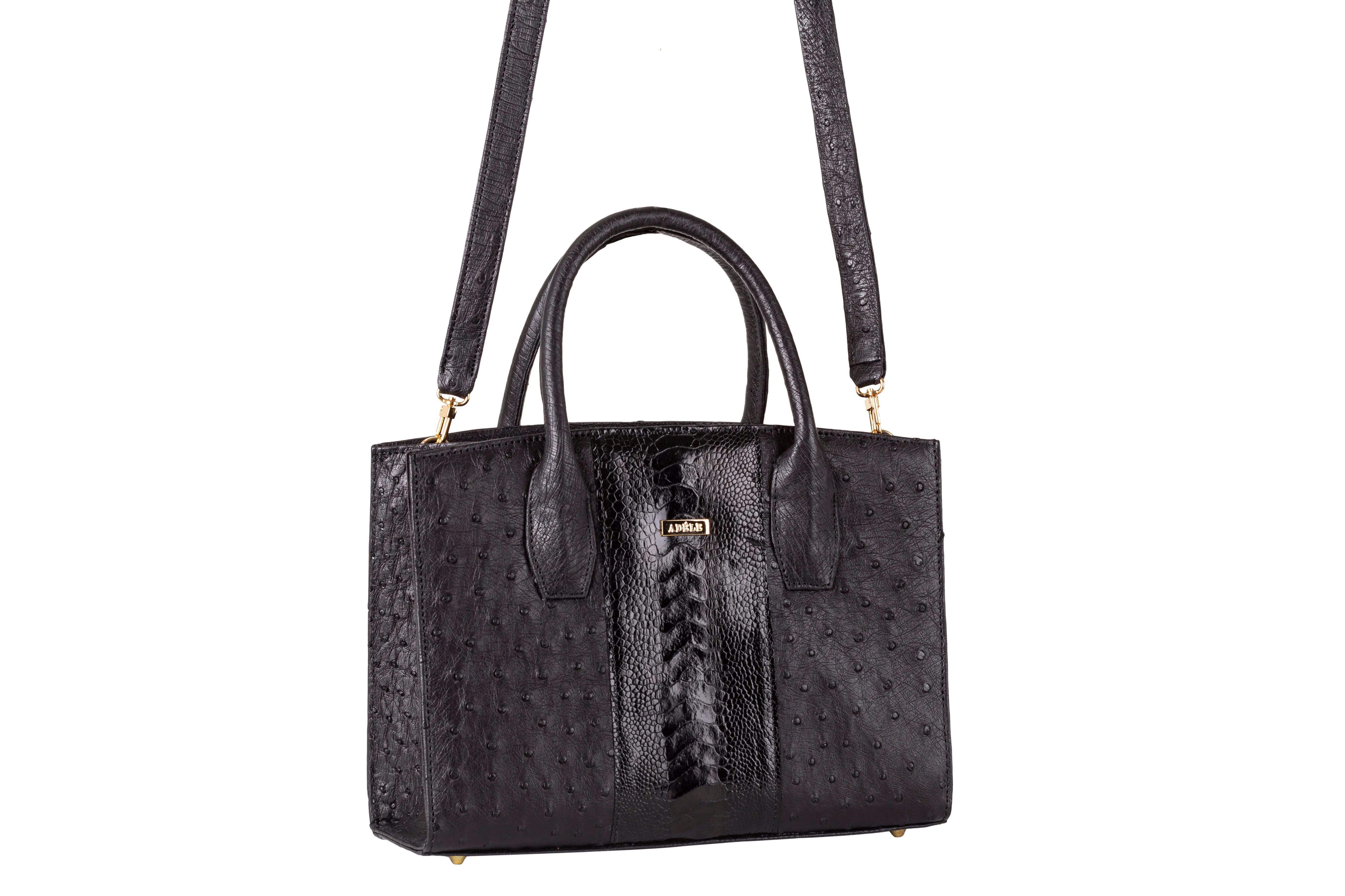 Lauren - Small top handle black ostrich and ostrich shin leather tote bag