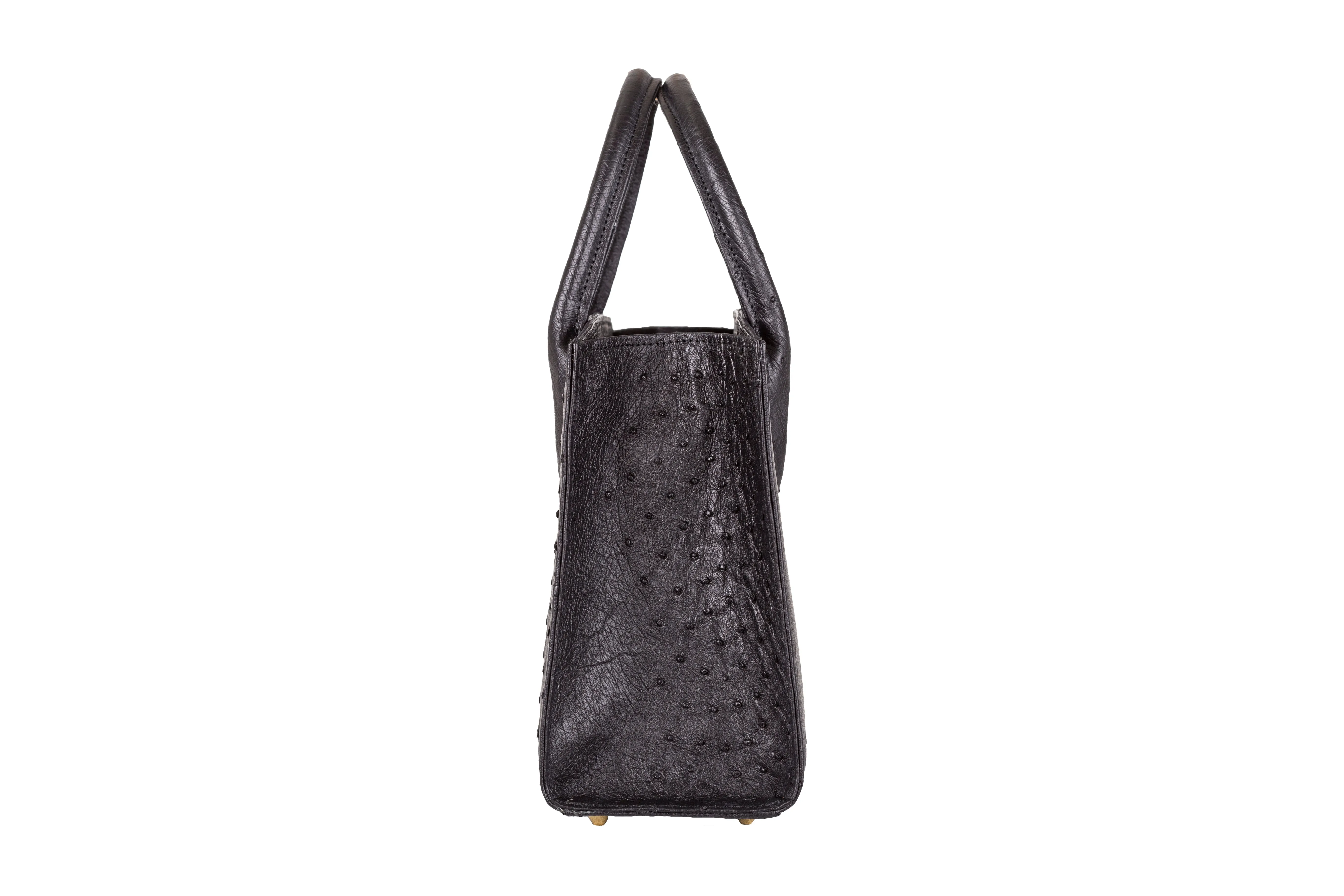 Lauren - Small top handle black ostrich and ostrich shin leather tote bag