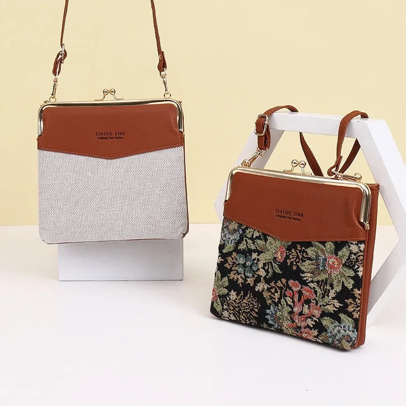 Leather Crossbody Handbag for Women Double Compartment Kiss Lock Shoulder Bag