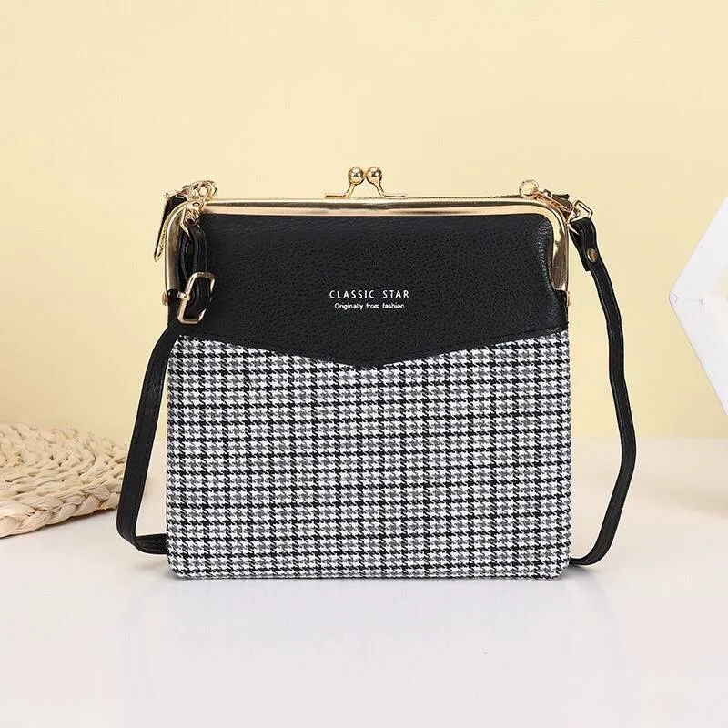 Leather Crossbody Handbag for Women Double Compartment Kiss Lock Shoulder Bag