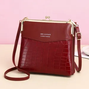 Leather Crossbody Handbag for Women Double Compartment Kiss Lock Shoulder Bag