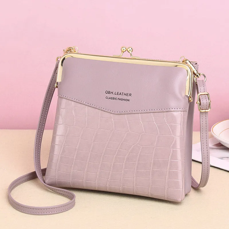 Leather Crossbody Handbag for Women Double Compartment Kiss Lock Shoulder Bag