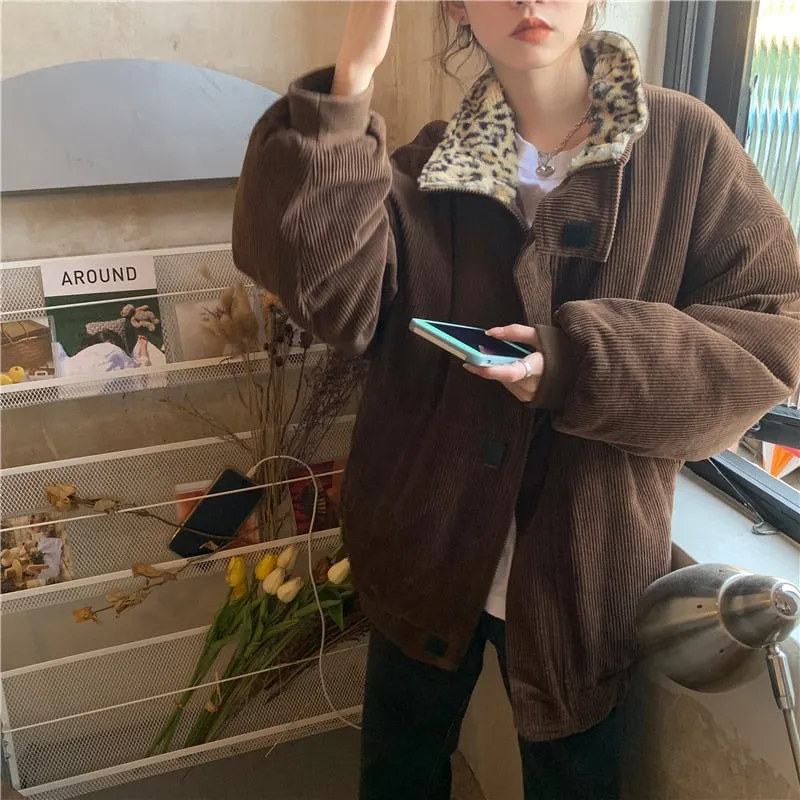 Leopard Collar Stylish Corduroy Jacket