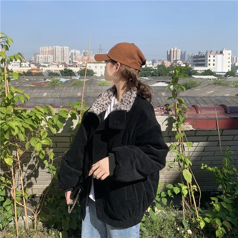 Leopard Collar Stylish Corduroy Jacket