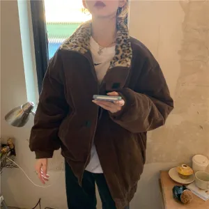 Leopard Collar Stylish Corduroy Jacket