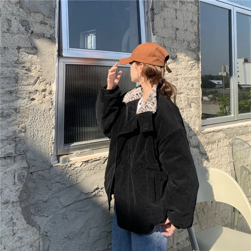 Leopard Collar Stylish Corduroy Jacket