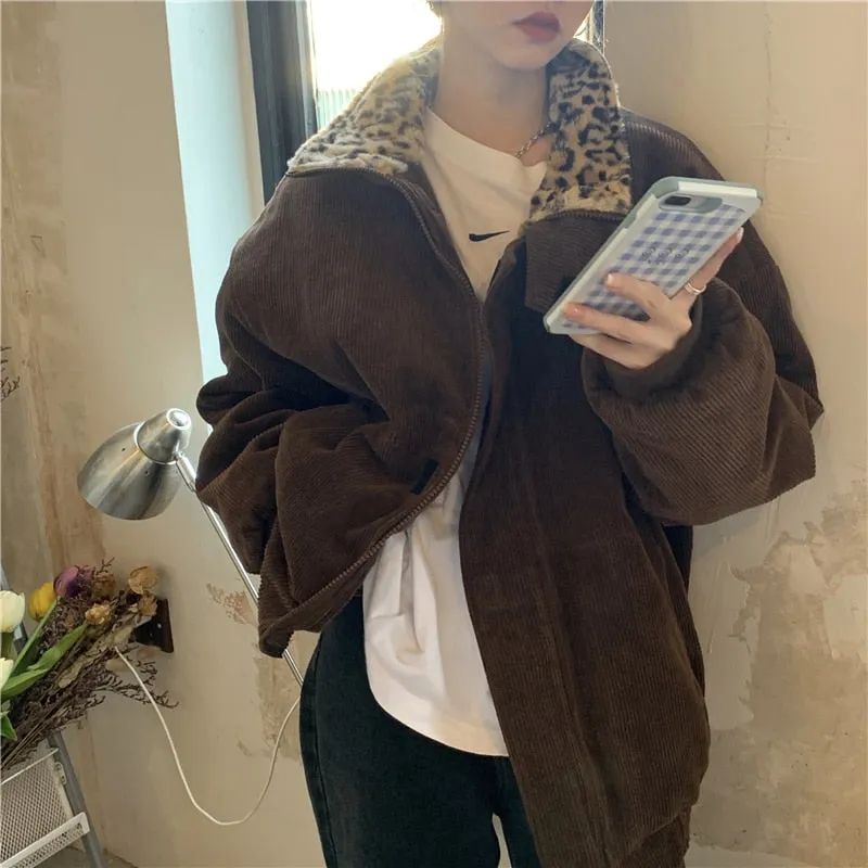 Leopard Collar Stylish Corduroy Jacket