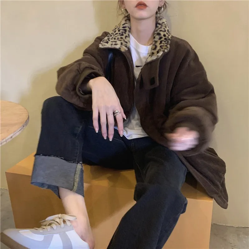 Leopard Collar Stylish Corduroy Jacket