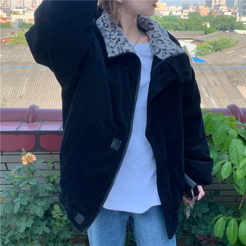 Leopard Collar Stylish Corduroy Jacket