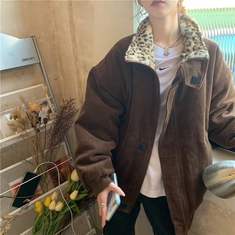 Leopard Collar Stylish Corduroy Jacket