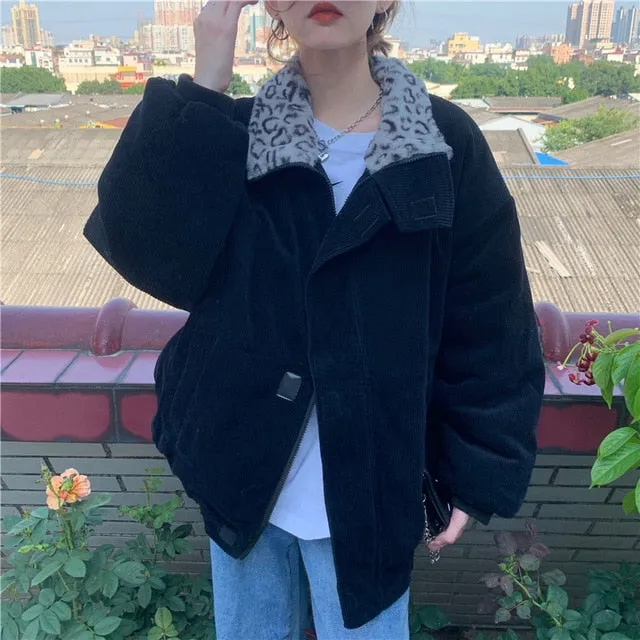 Leopard Collar Stylish Corduroy Jacket