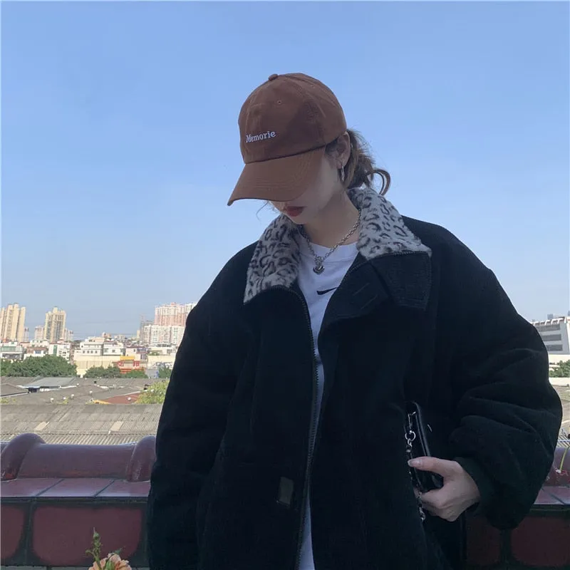Leopard Collar Stylish Corduroy Jacket