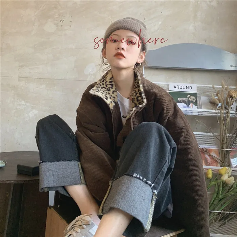 Leopard Collar Stylish Corduroy Jacket