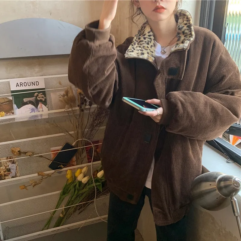 Leopard Collar Stylish Corduroy Jacket