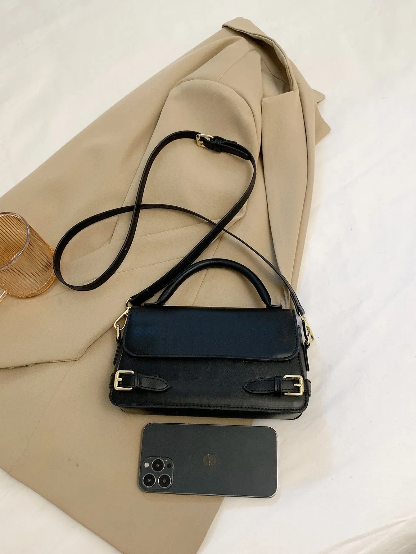 Letter Embossed Buckle Decor Flap Square Bag