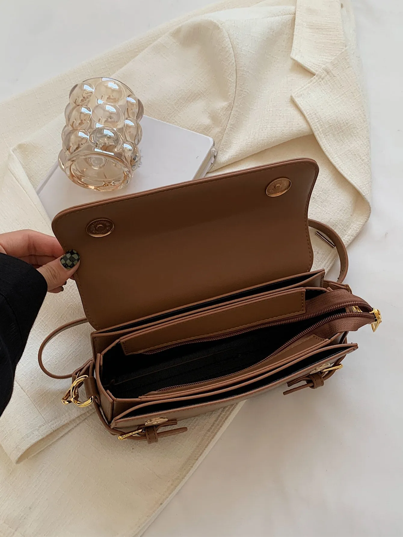 Letter Embossed Buckle Decor Flap Square Bag