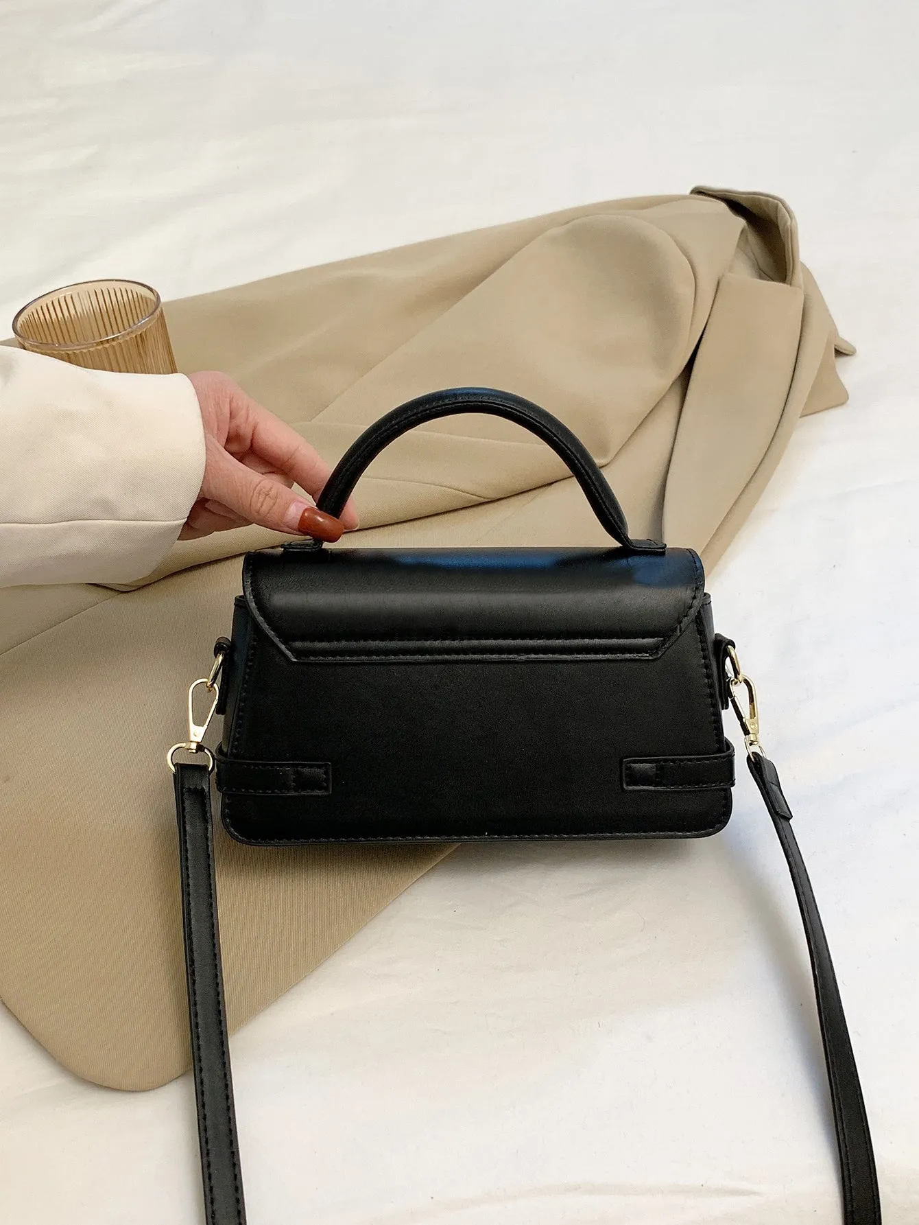 Letter Embossed Buckle Decor Flap Square Bag