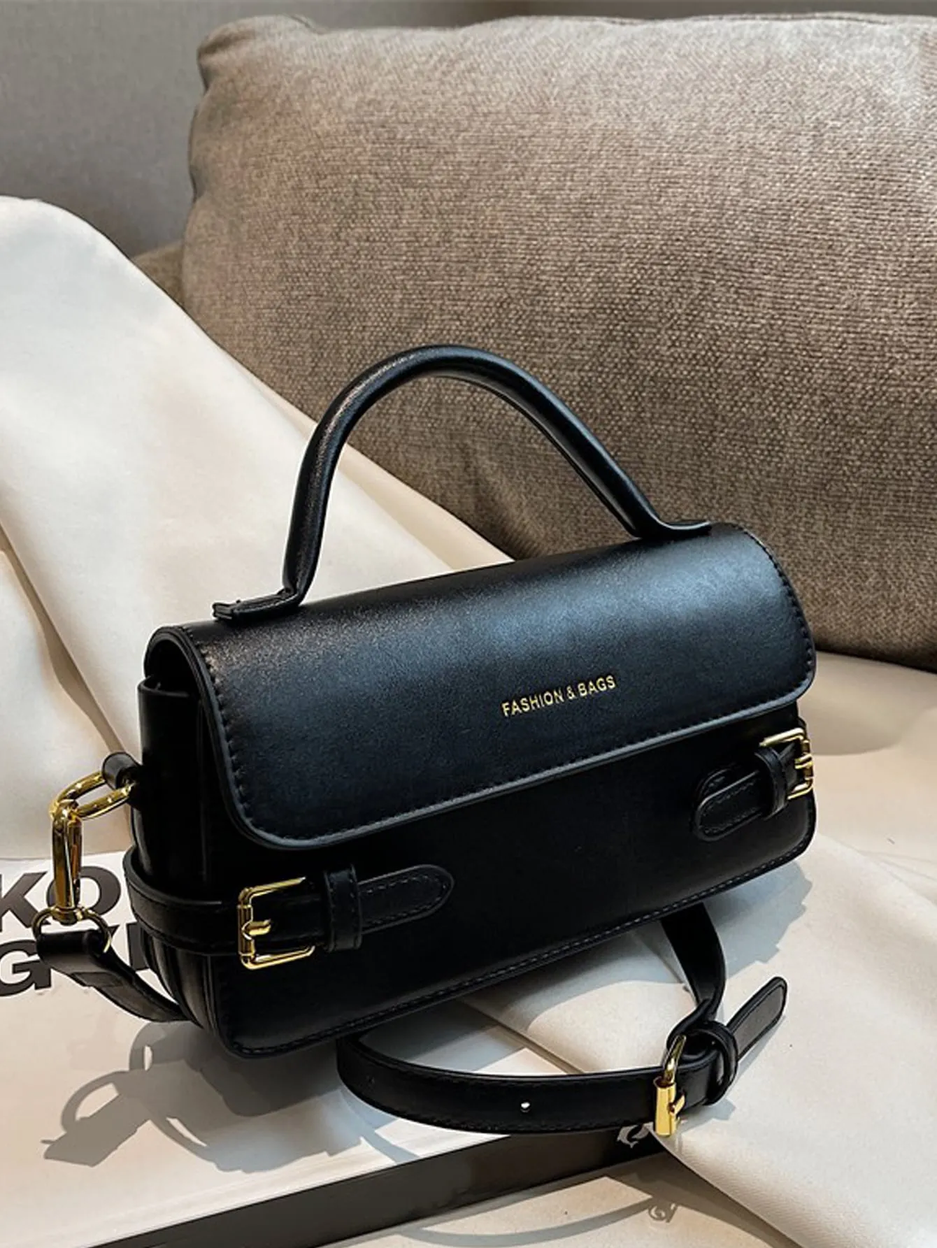 Letter Embossed Buckle Decor Flap Square Bag