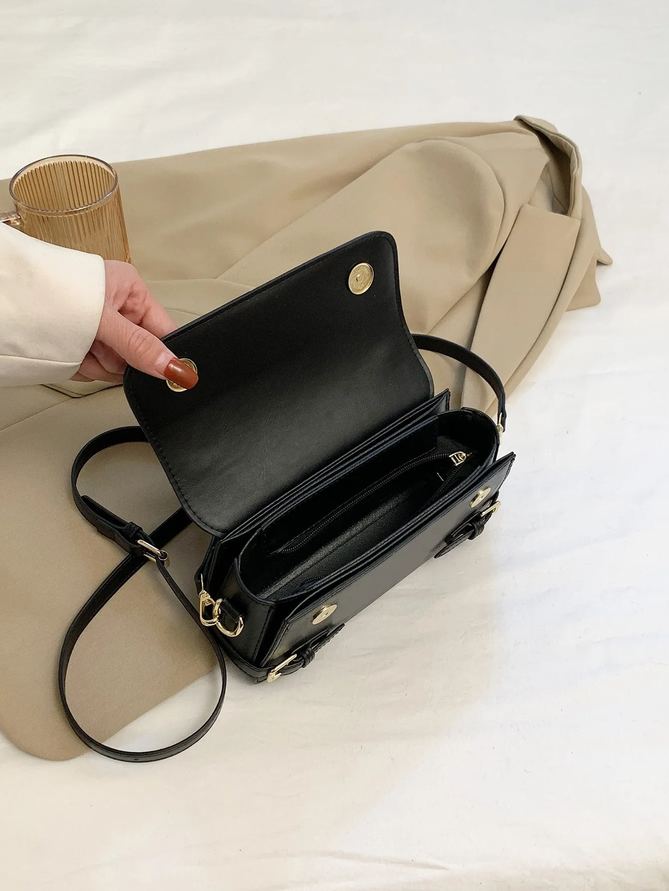 Letter Embossed Buckle Decor Flap Square Bag