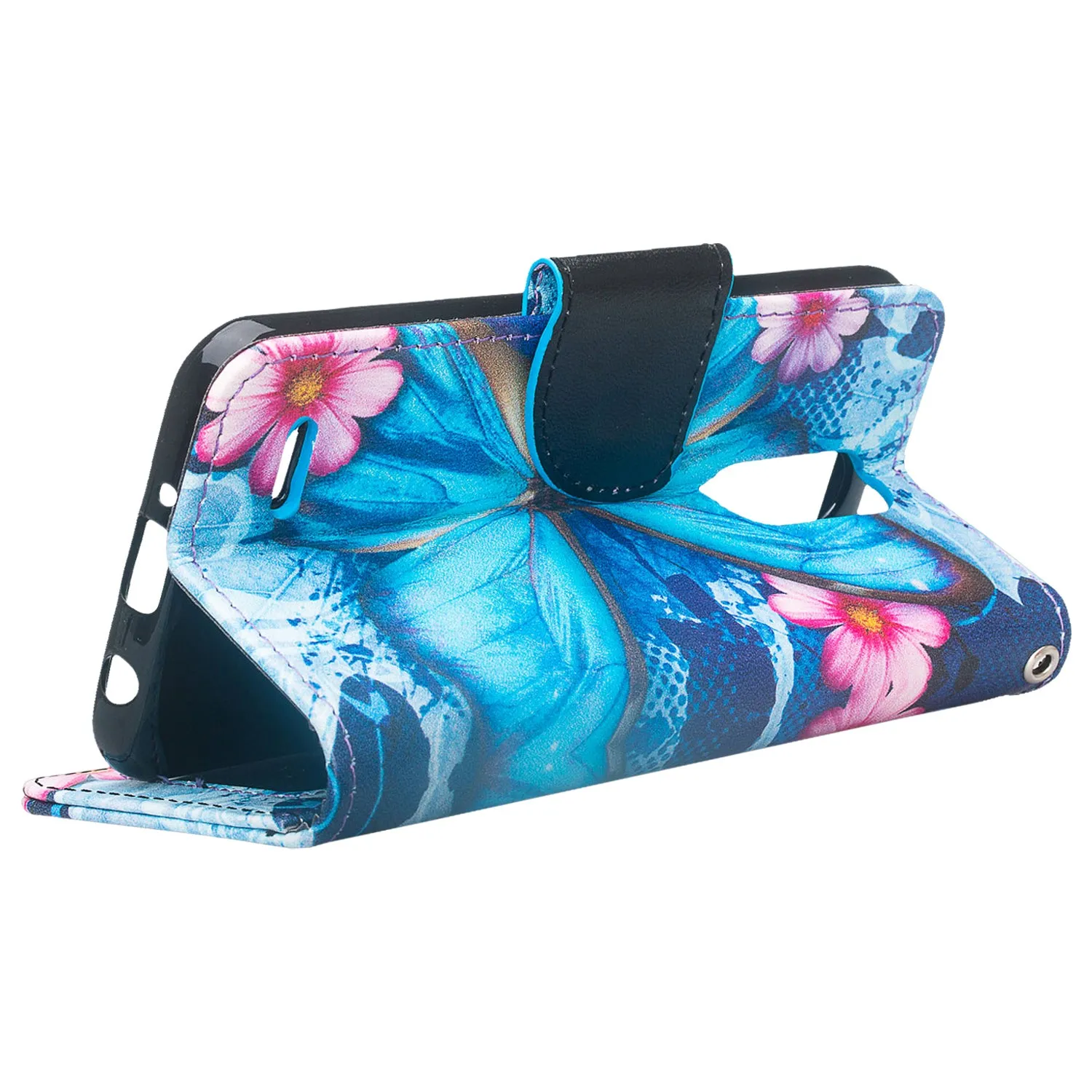 LG Aristo 2 Plus Case, Aristo 2, LG Tribute Dynasty, Rebel 3, Zone 4, Slim Flip Folio [Kickstand] Pu Leather Wallet Wristlet Cover Slots & Wrist Strap - Blue Butterfly