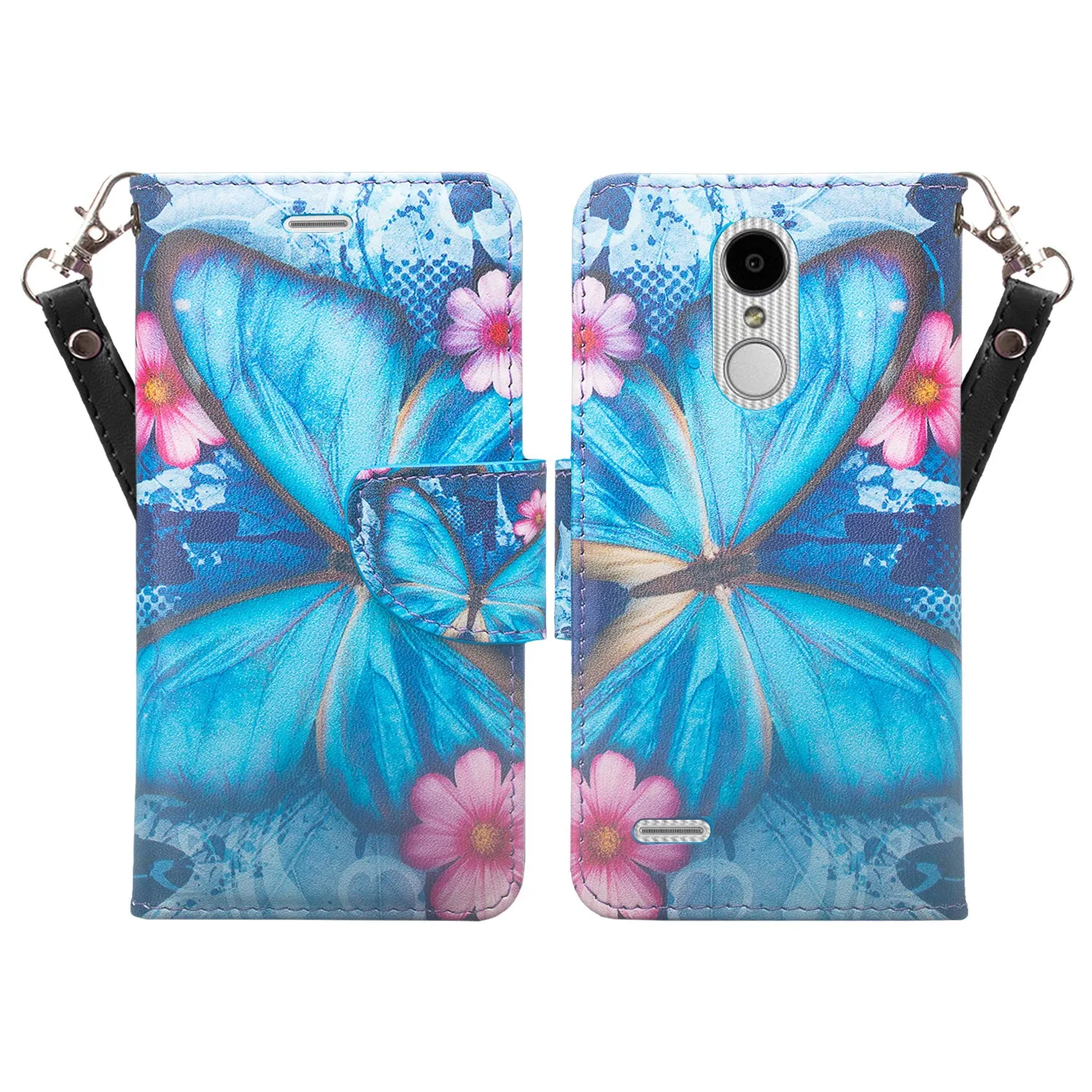 LG Aristo 2 Plus Case, Aristo 2, LG Tribute Dynasty, Rebel 3, Zone 4, Slim Flip Folio [Kickstand] Pu Leather Wallet Wristlet Cover Slots & Wrist Strap - Blue Butterfly