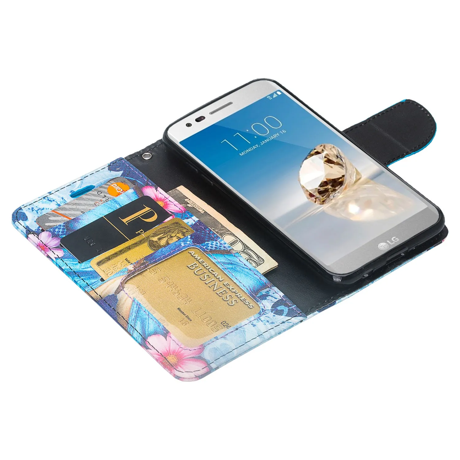 LG Aristo 2 Plus Case, Aristo 2, LG Tribute Dynasty, Rebel 3, Zone 4, Slim Flip Folio [Kickstand] Pu Leather Wallet Wristlet Cover Slots & Wrist Strap - Blue Butterfly