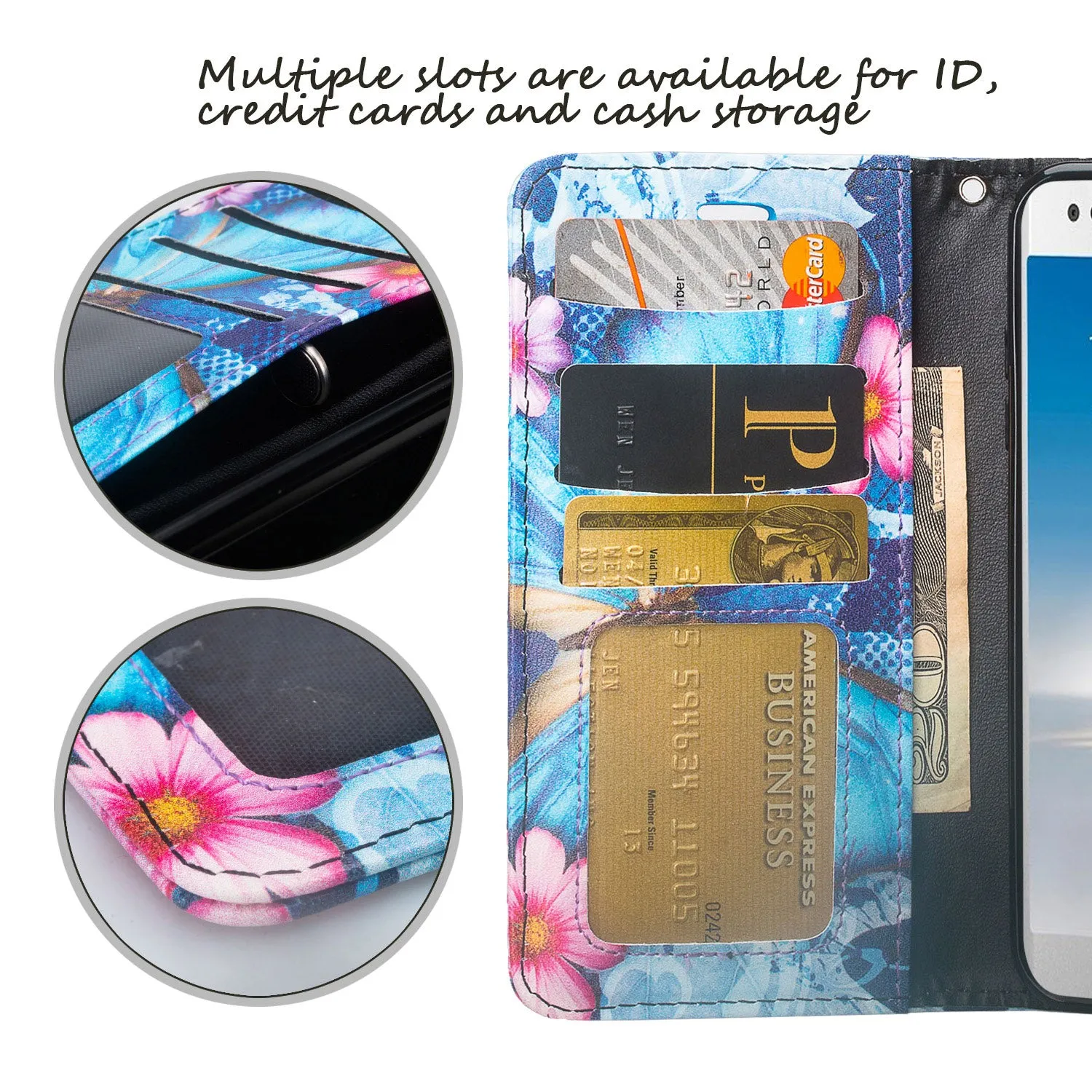 LG Aristo 2 Plus Case, Aristo 2, LG Tribute Dynasty, Rebel 3, Zone 4, Slim Flip Folio [Kickstand] Pu Leather Wallet Wristlet Cover Slots & Wrist Strap - Blue Butterfly