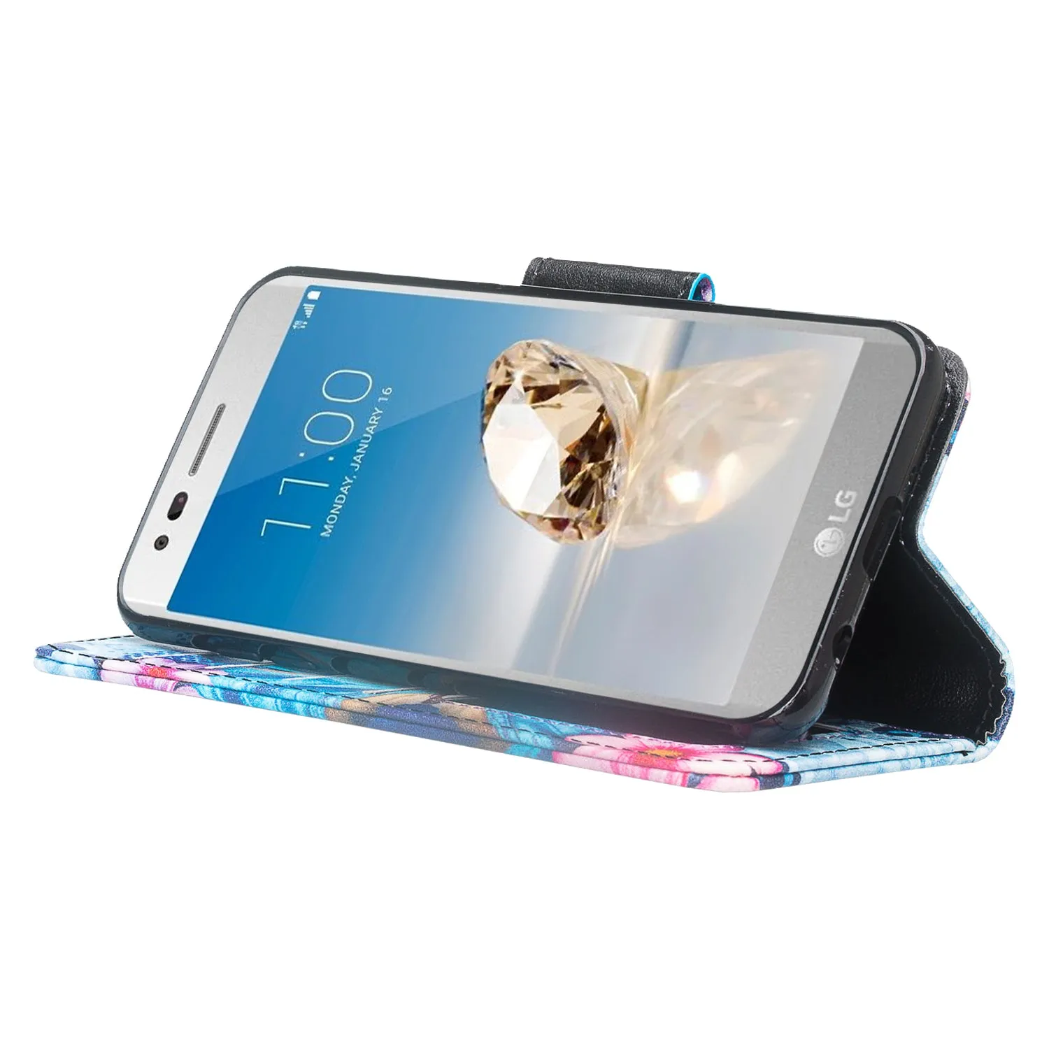 LG Aristo 2 Plus Case, Aristo 2, LG Tribute Dynasty, Rebel 3, Zone 4, Slim Flip Folio [Kickstand] Pu Leather Wallet Wristlet Cover Slots & Wrist Strap - Blue Butterfly