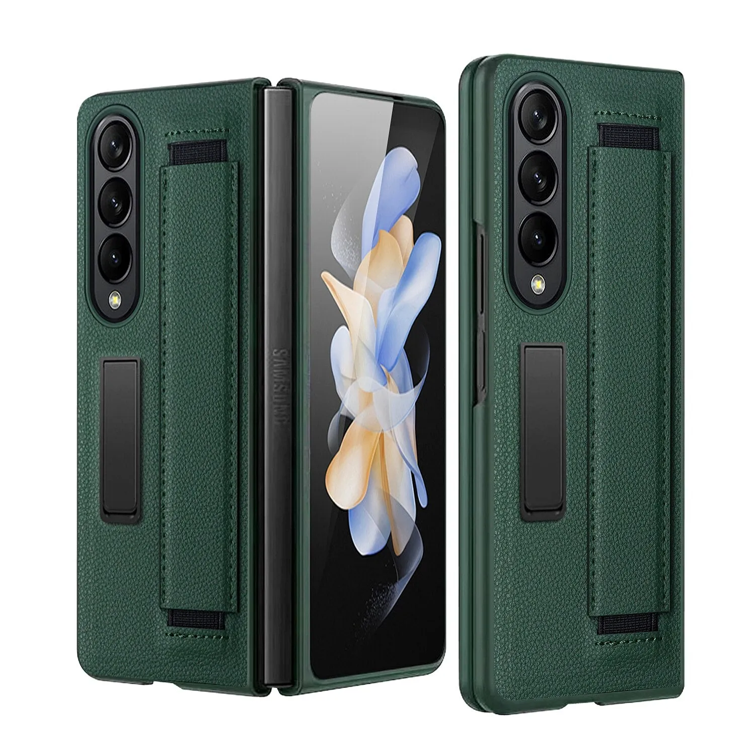 Luxury Leather Hard PC Phone Case with Wrist Band Glass Film With Kickstand For Samsung Galaxy Z Fold 4