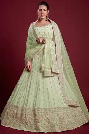 Majestic Sea Green Georgette Lehenga With Fine Thread Work and Zarkan Work