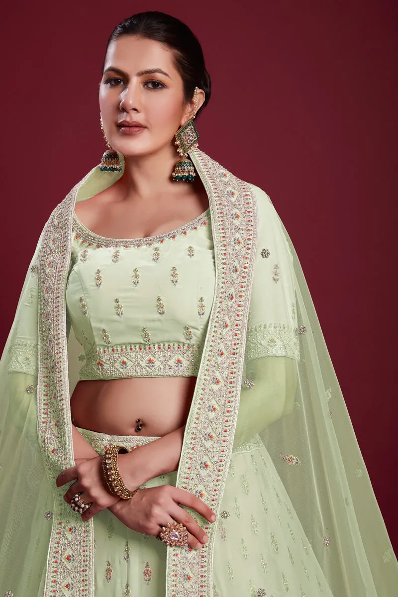 Majestic Sea Green Georgette Lehenga With Fine Thread Work and Zarkan Work