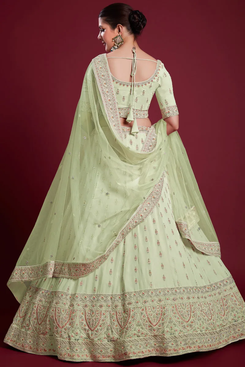 Majestic Sea Green Georgette Lehenga With Fine Thread Work and Zarkan Work