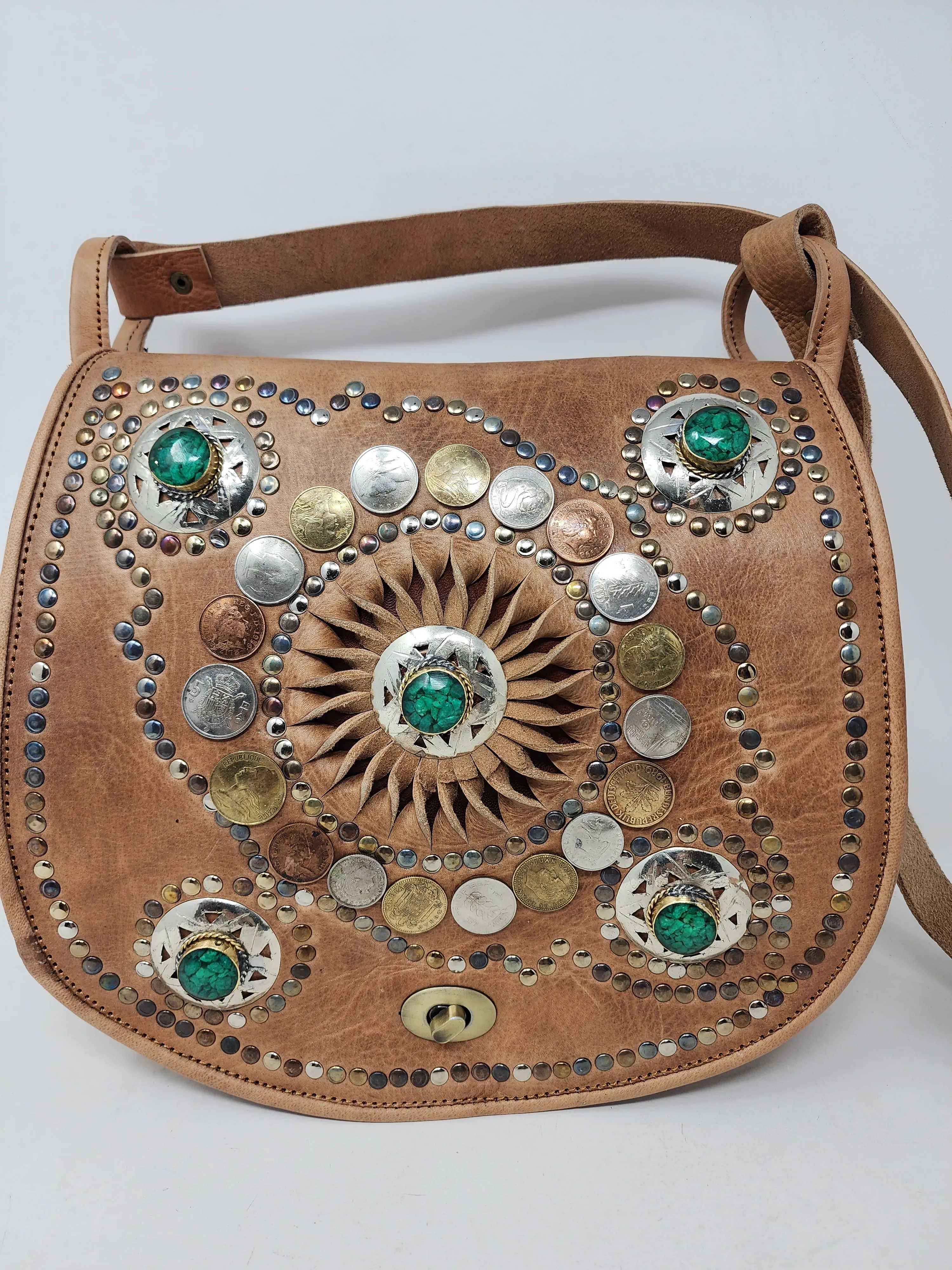 MORROCAN LEATHER STUDDED COIN SADDLE BAG
