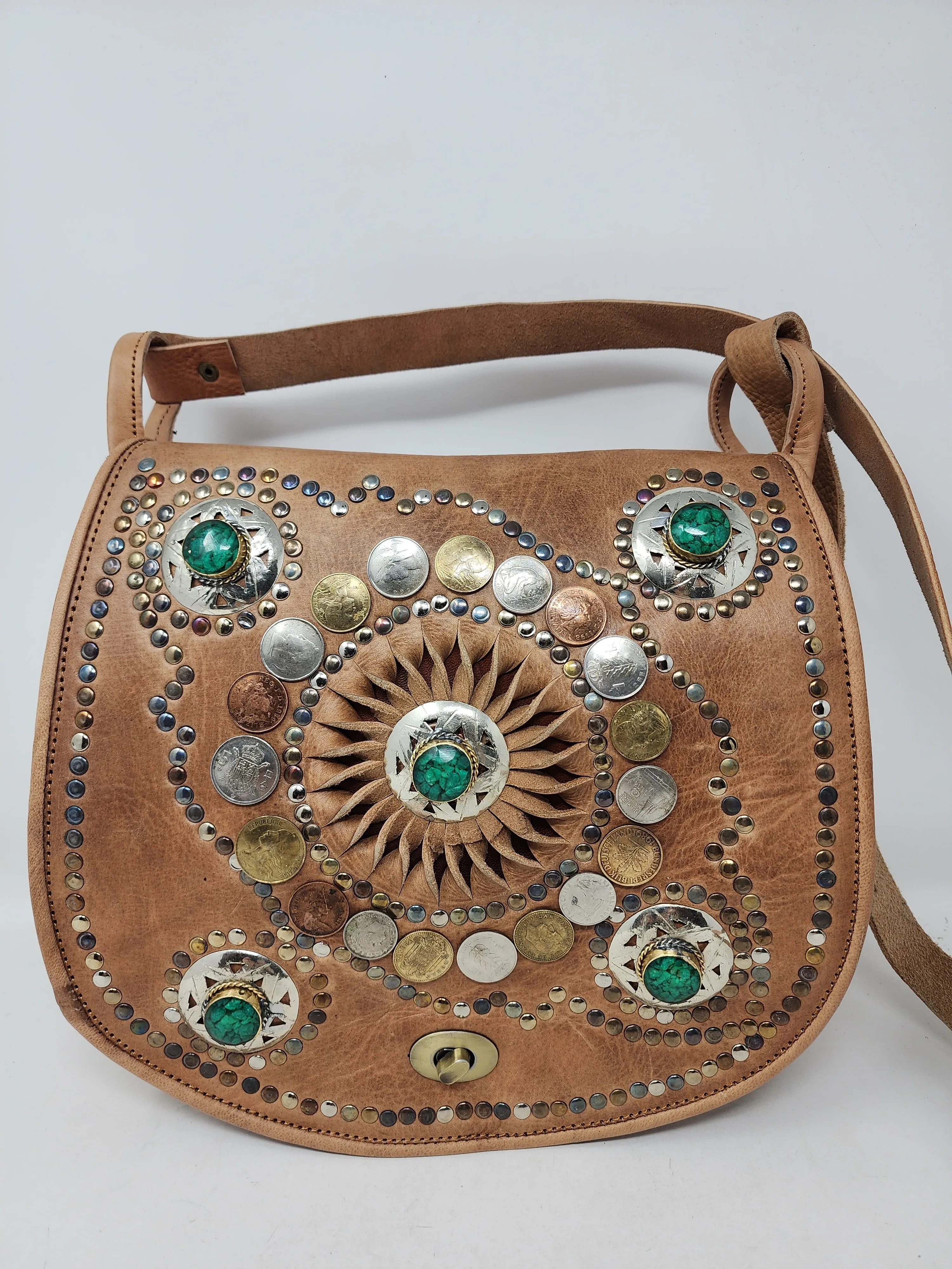 MORROCAN LEATHER STUDDED COIN SADDLE BAG