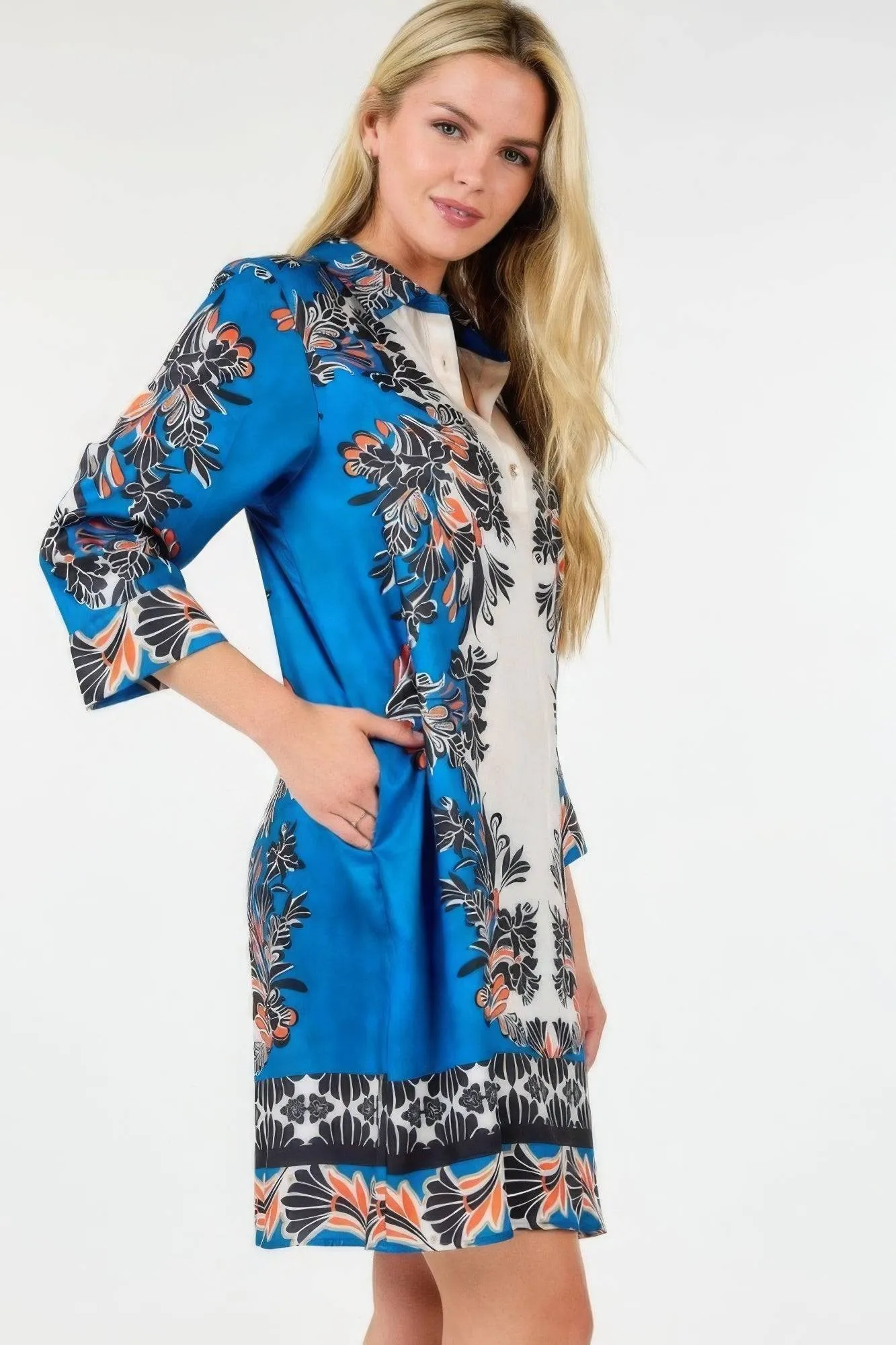 Multi Colored Collar Neck 3/4 Sleeve Women's  Dress