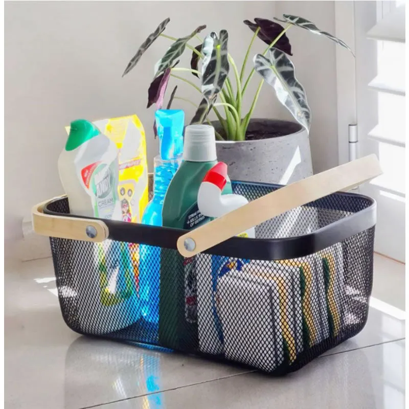 Multi-Functional Large Mesh Storage Basket With A Wooden Handle Black