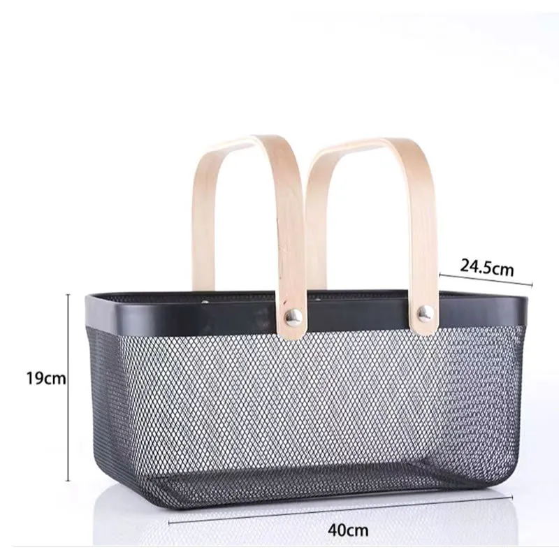 Multi-Functional Large Mesh Storage Basket With A Wooden Handle Black