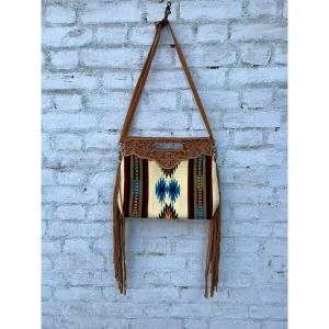 Off White Tooled Saddle Blanket Bag with Leather Tassels