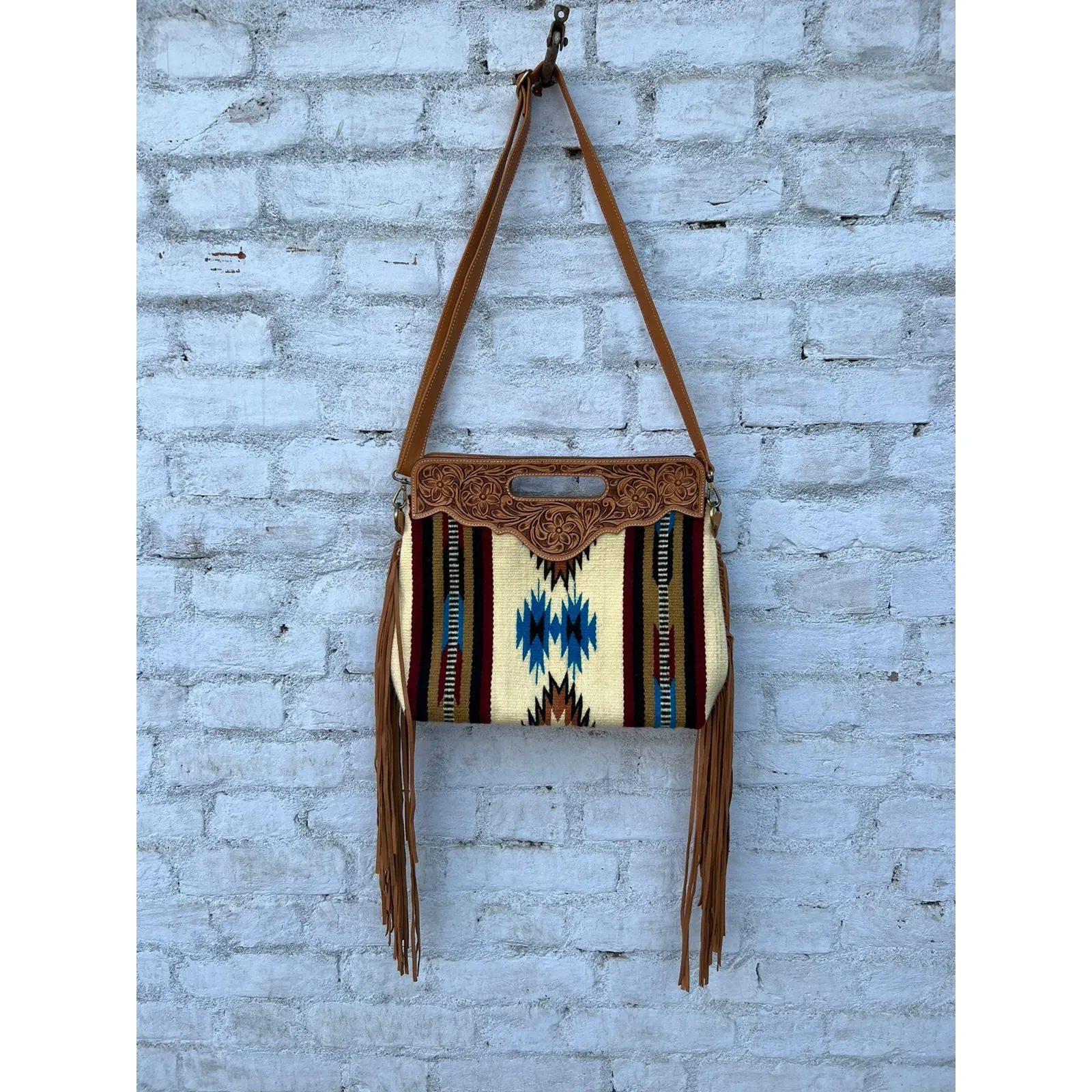 Off White Tooled Saddle Blanket Bag with Leather Tassels