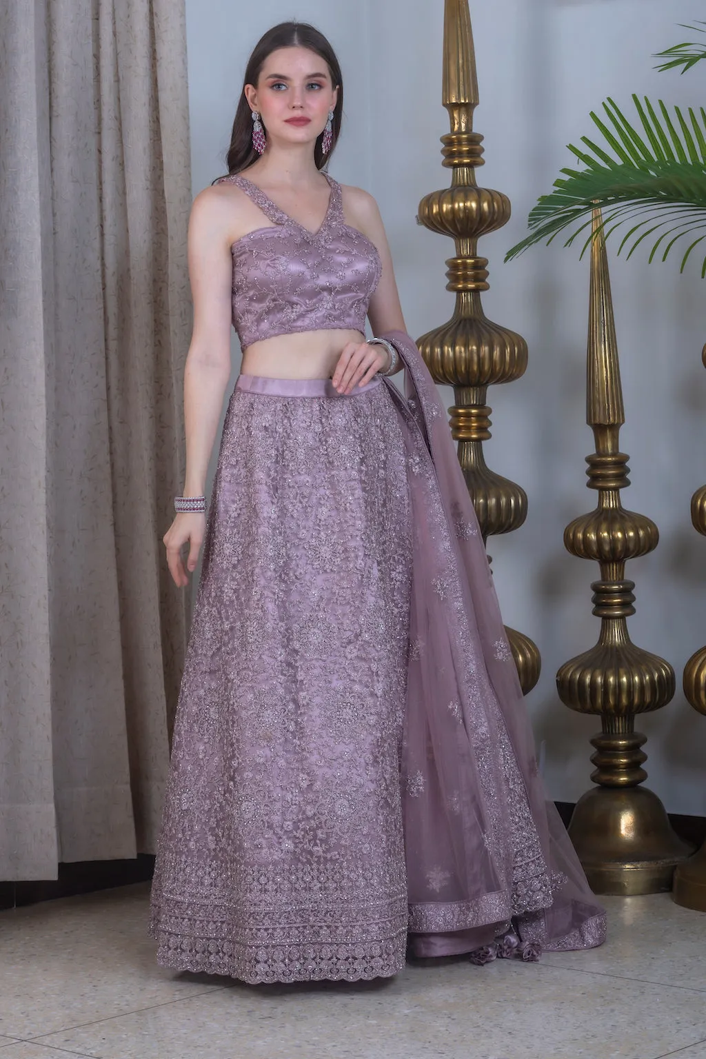 Onion Color Lehenga with stylish neck