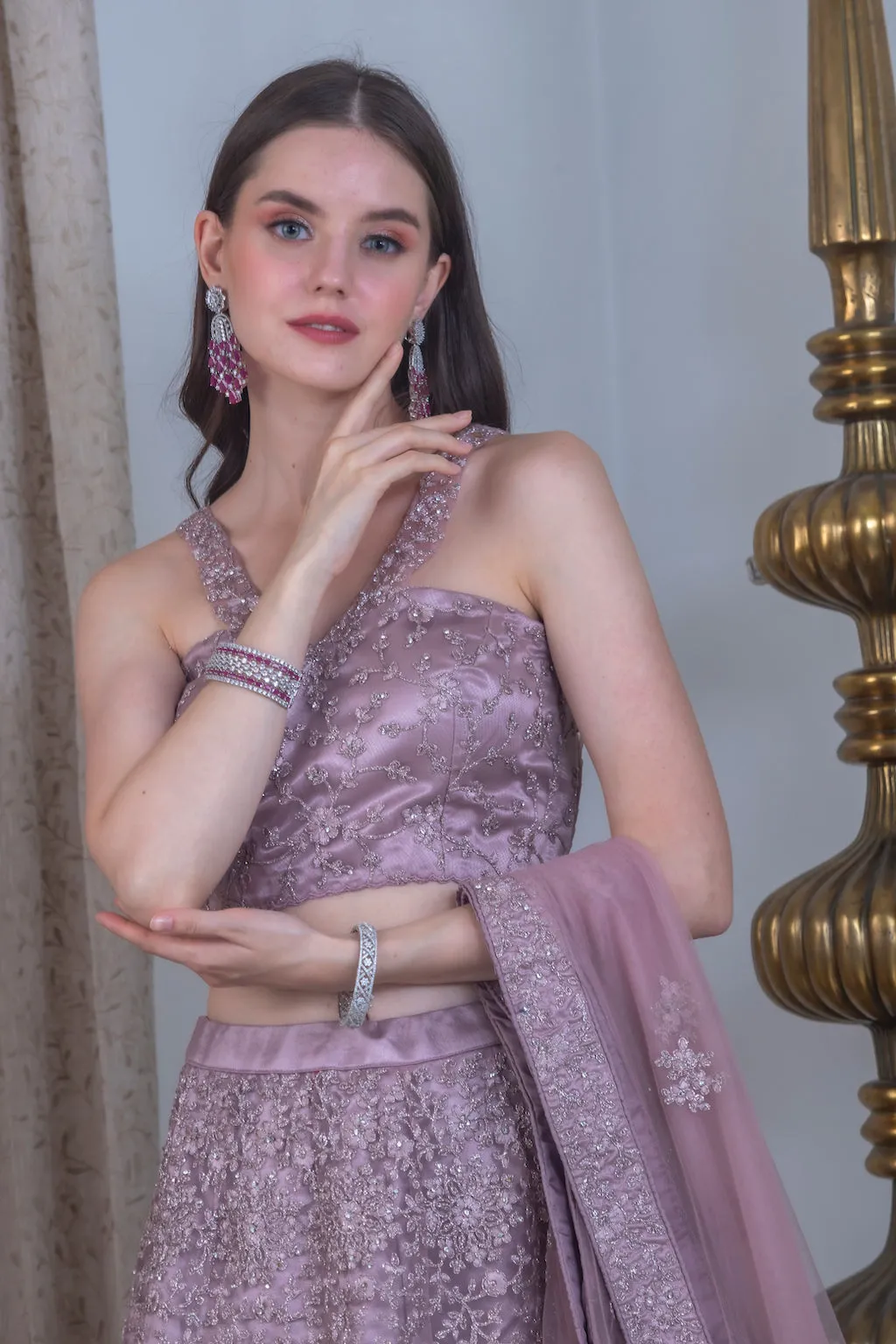 Onion Color Lehenga with stylish neck