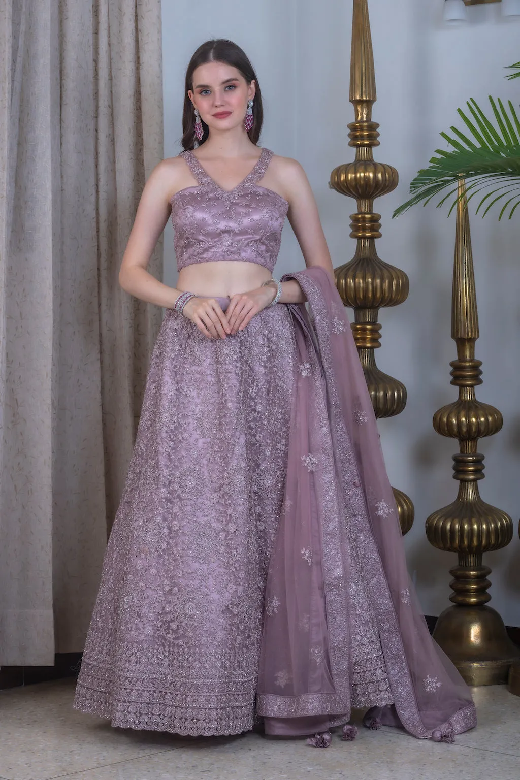Onion Color Lehenga with stylish neck