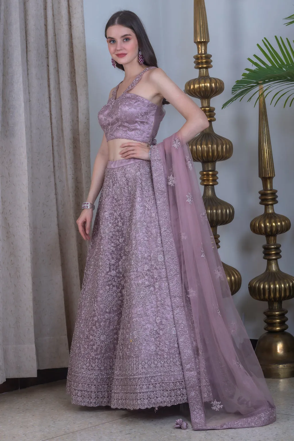 Onion Color Lehenga with stylish neck