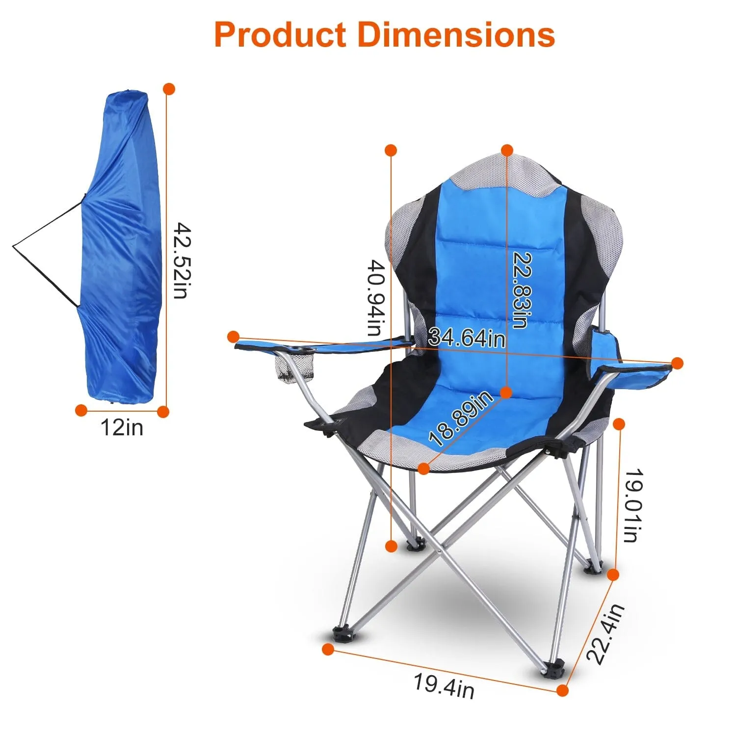 Padded Seat Arm Back Foldable Camping Chair Heavy Duty Steel Lawn
