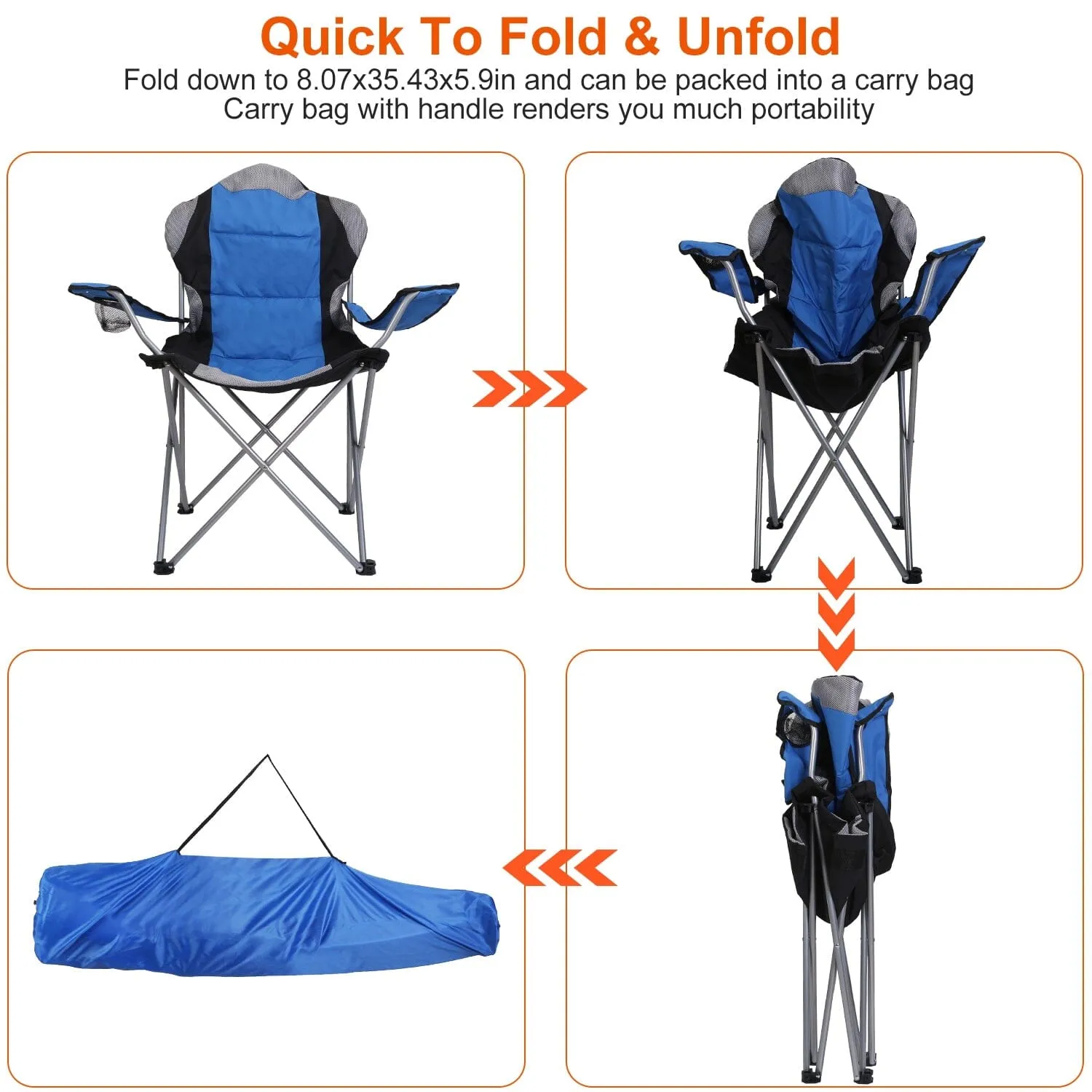 Padded Seat Arm Back Foldable Camping Chair Heavy Duty Steel Lawn