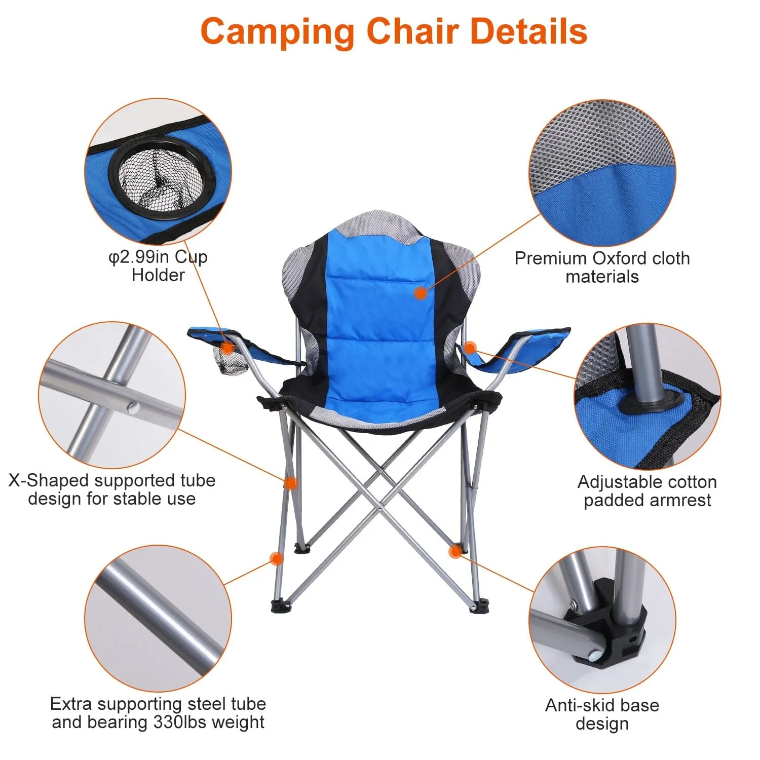 Padded Seat Arm Back Foldable Camping Chair Heavy Duty Steel Lawn