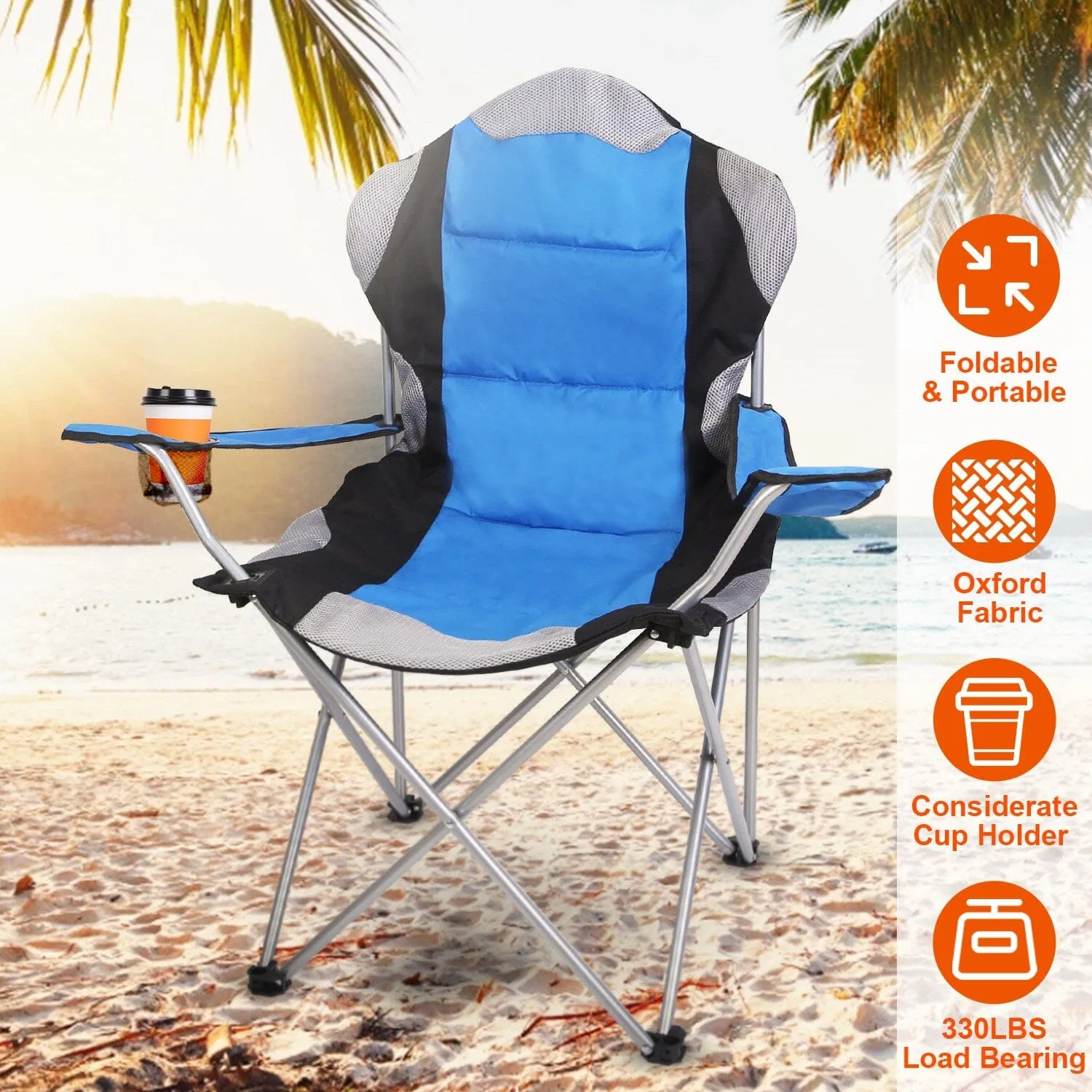 Padded Seat Arm Back Foldable Camping Chair Heavy Duty Steel Lawn
